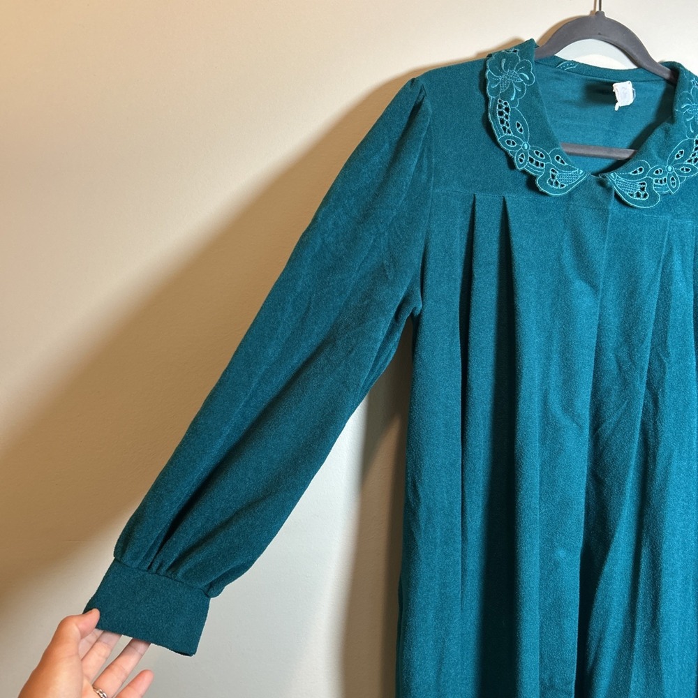Vintage Vanity Fair Medium Green Lounger House Coat Robe Velour Collar 3/4 Snap - Picture 6 of 11